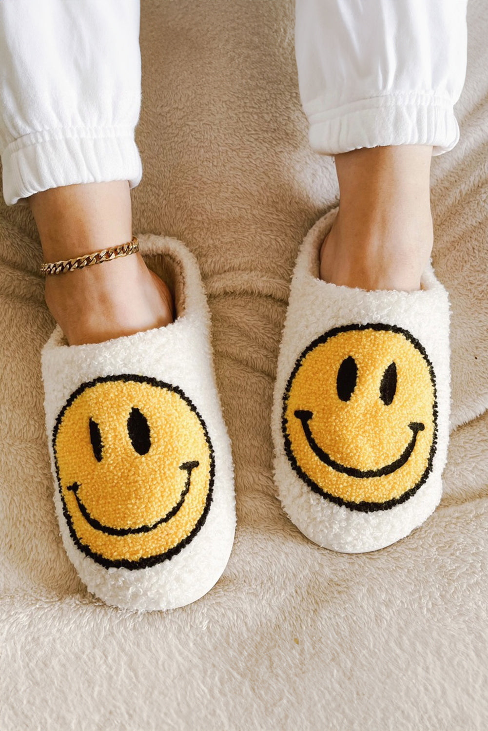 Pink Smile Face Print Non-slip Plush Home Slippers