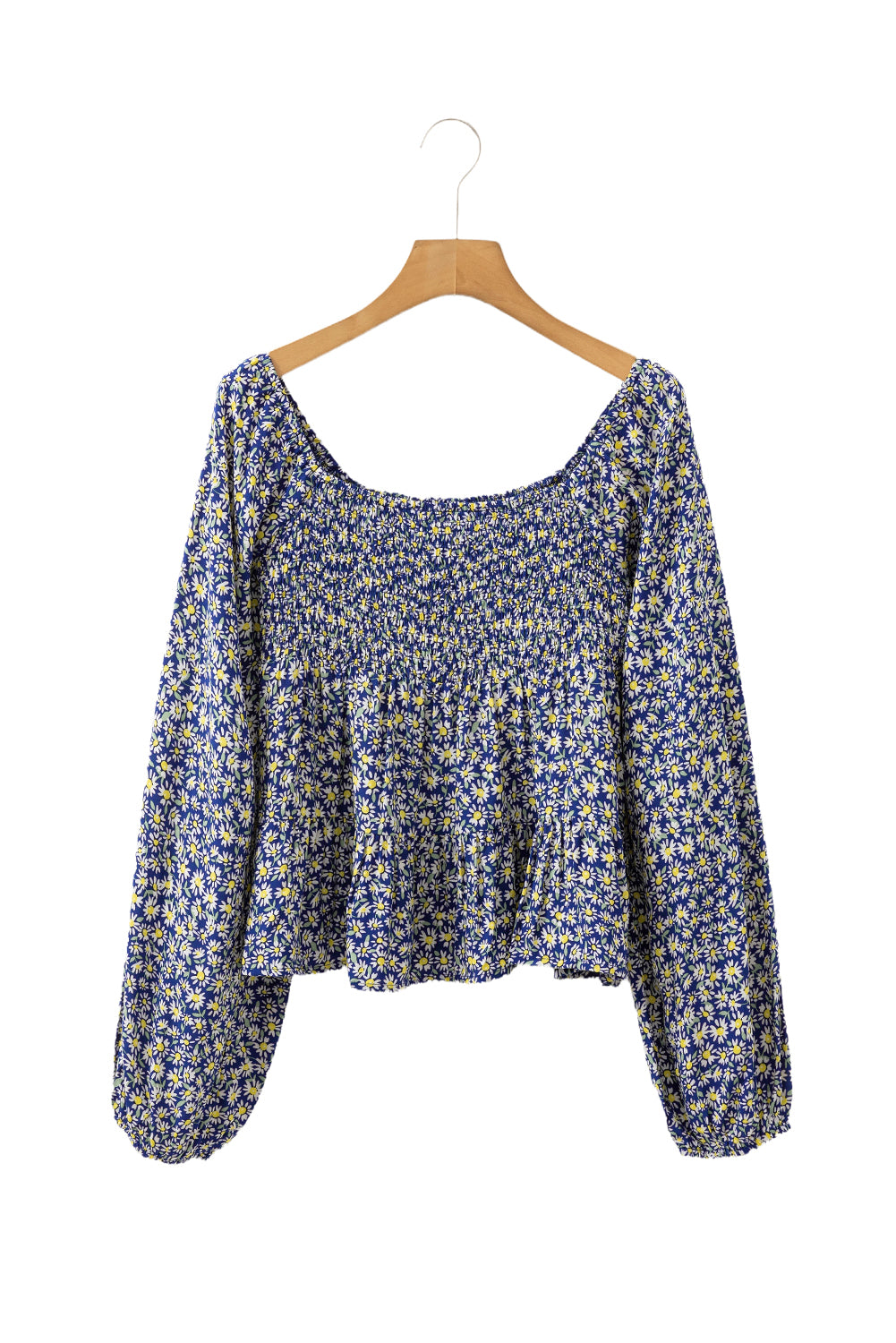 Blue Boho Floral Print Smocked Square Neck Blouse