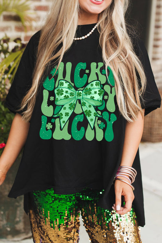 Black LUCKY Clover Bowknot Graphic Crewneck St Patricks Tee