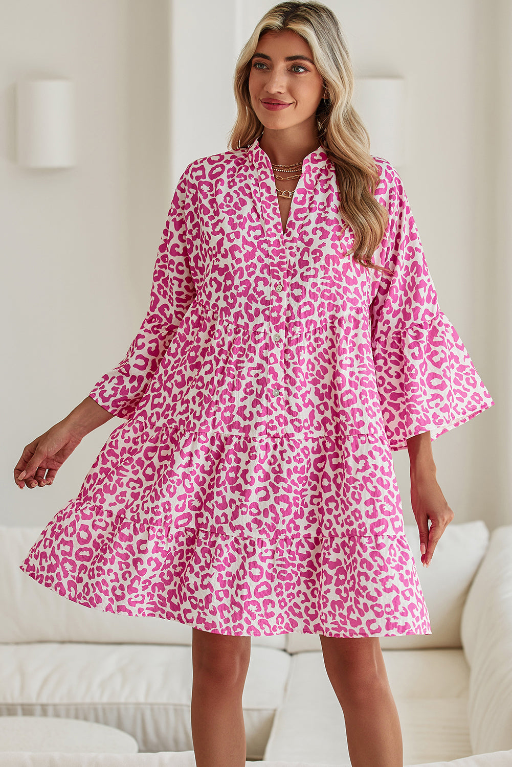 Bright Pink Leopard Print Flounce Sleeve Mini Dress