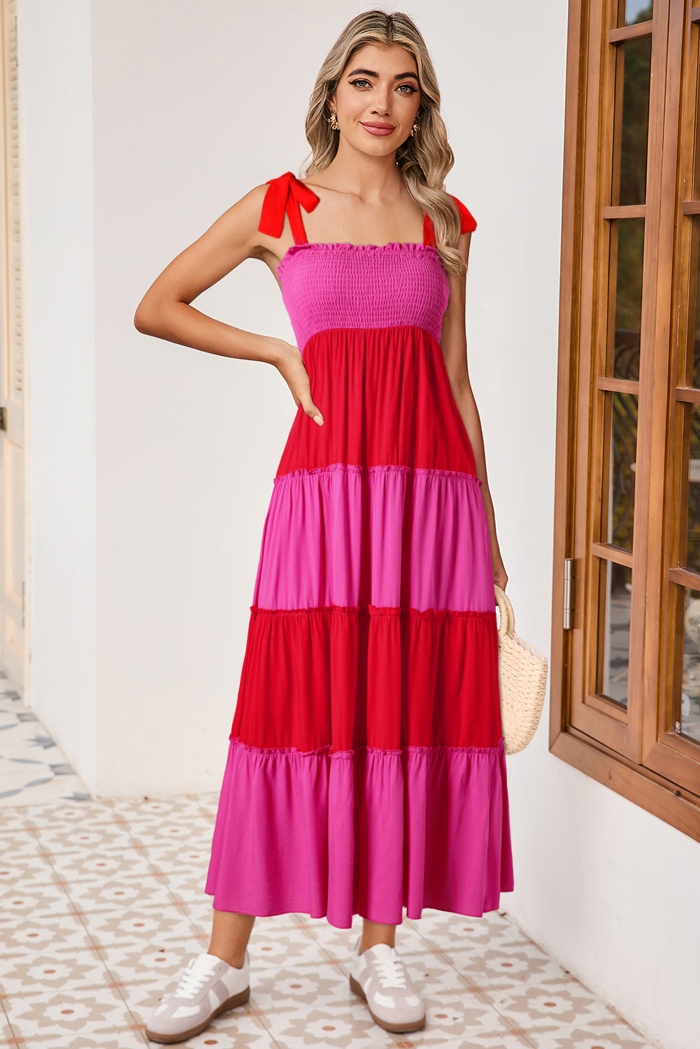 Rose Red Shirred Patchwork Shoulder Tie Straps Long Dress