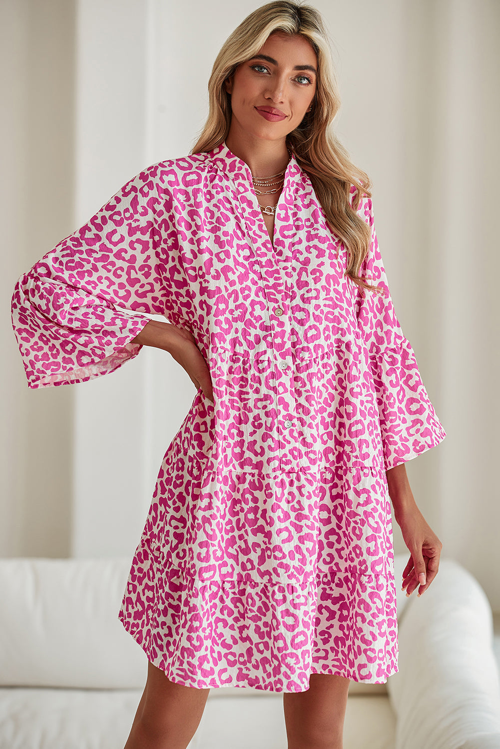 Bright Pink Leopard Print Flounce Sleeve Mini Dress