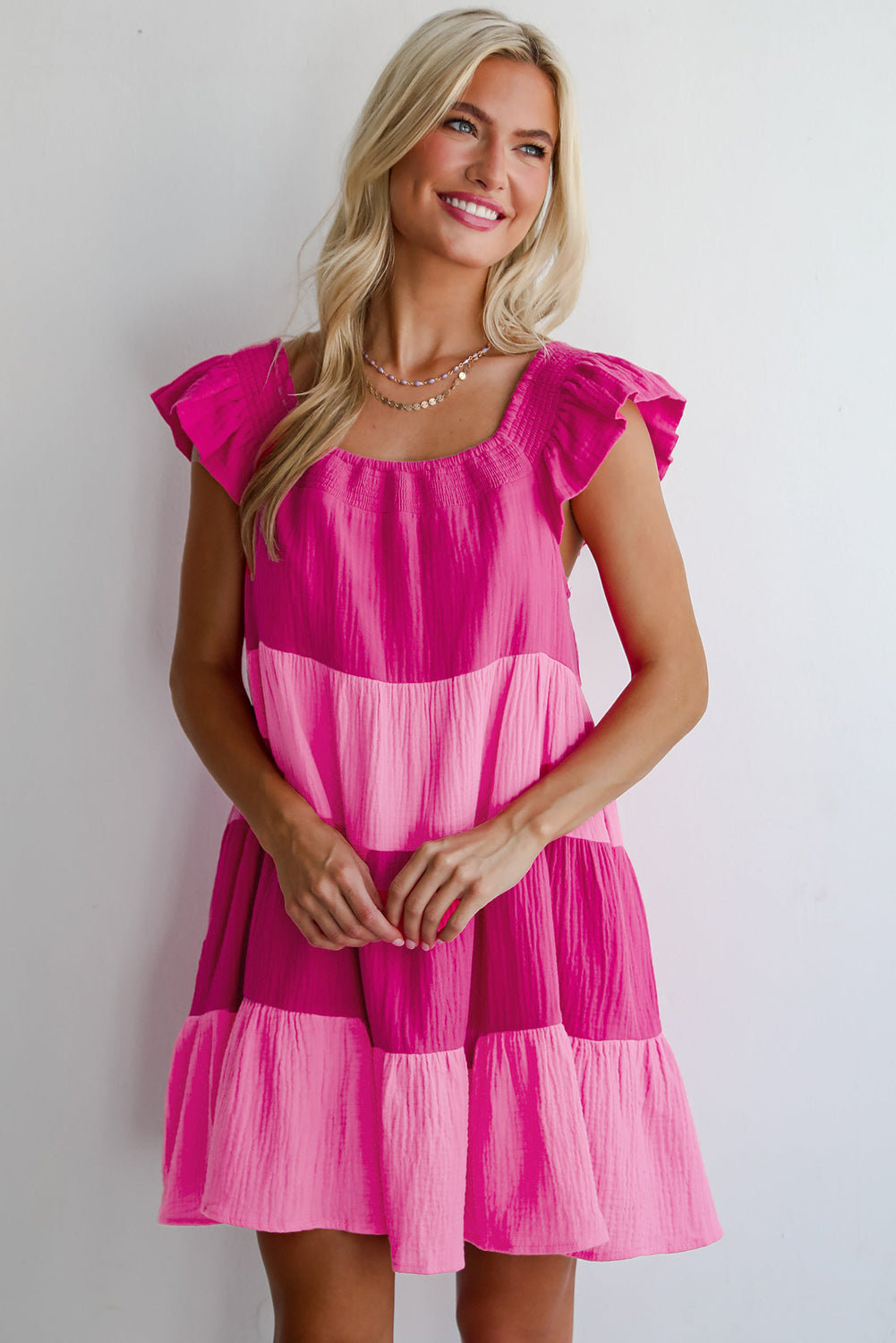 Pink Crinkled Colorblock Patchwork Tiered Mini Dress