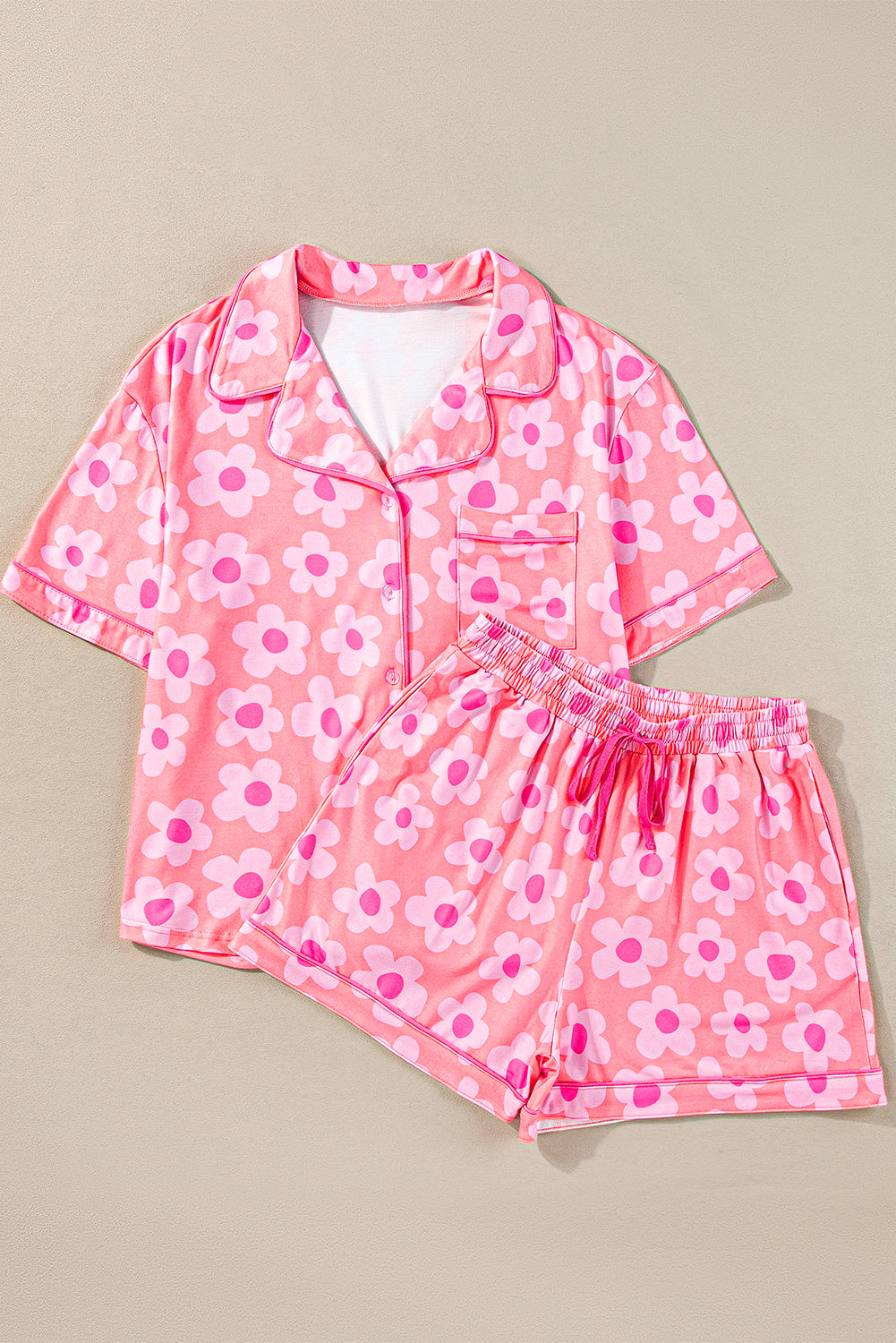 Pink Flower Print Buttoned Shirt And Drawstring Waist Pajama Set