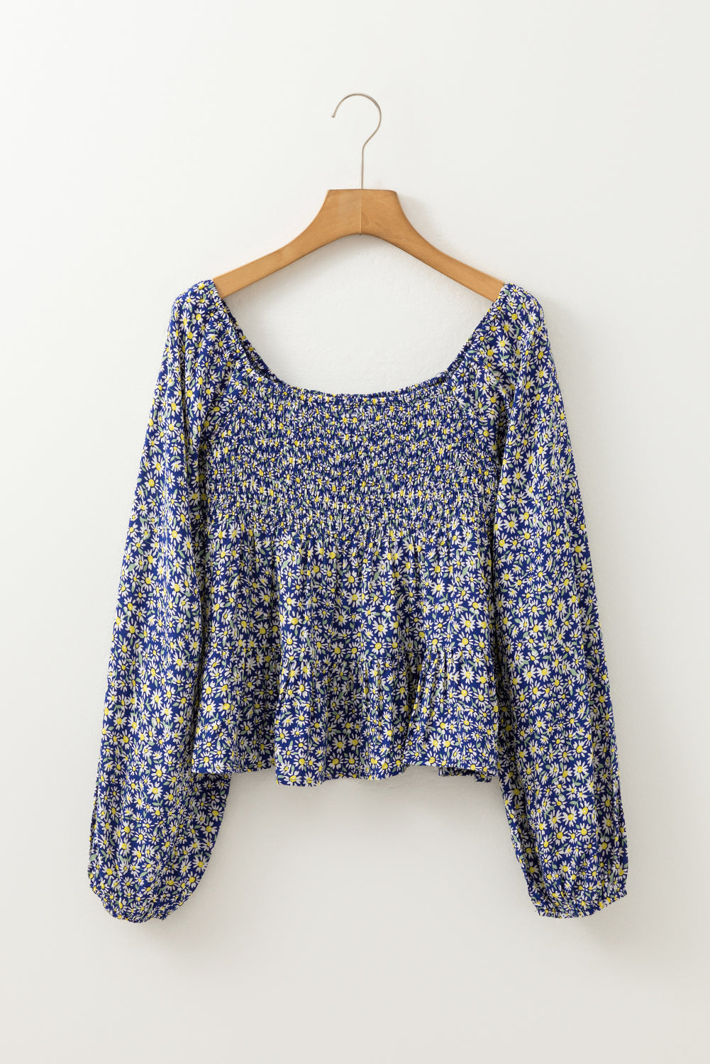 Blue Boho Floral Print Smocked Square Neck Blouse