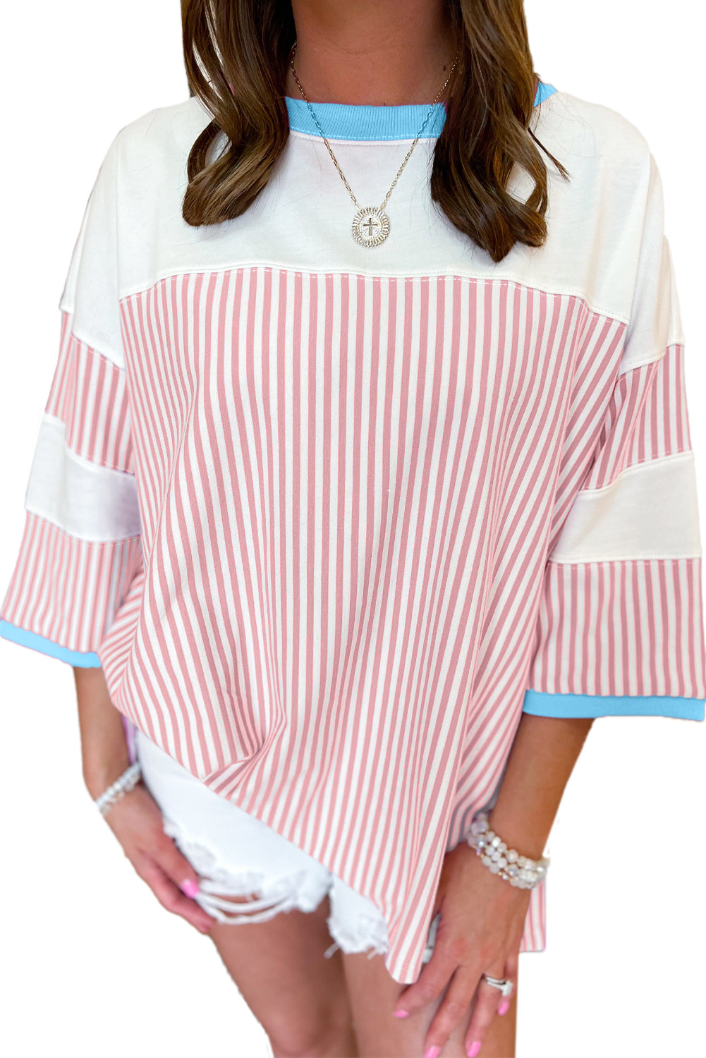 Pink Stripe Patchwork Bracelet Sleeve Plus Size T Shirt