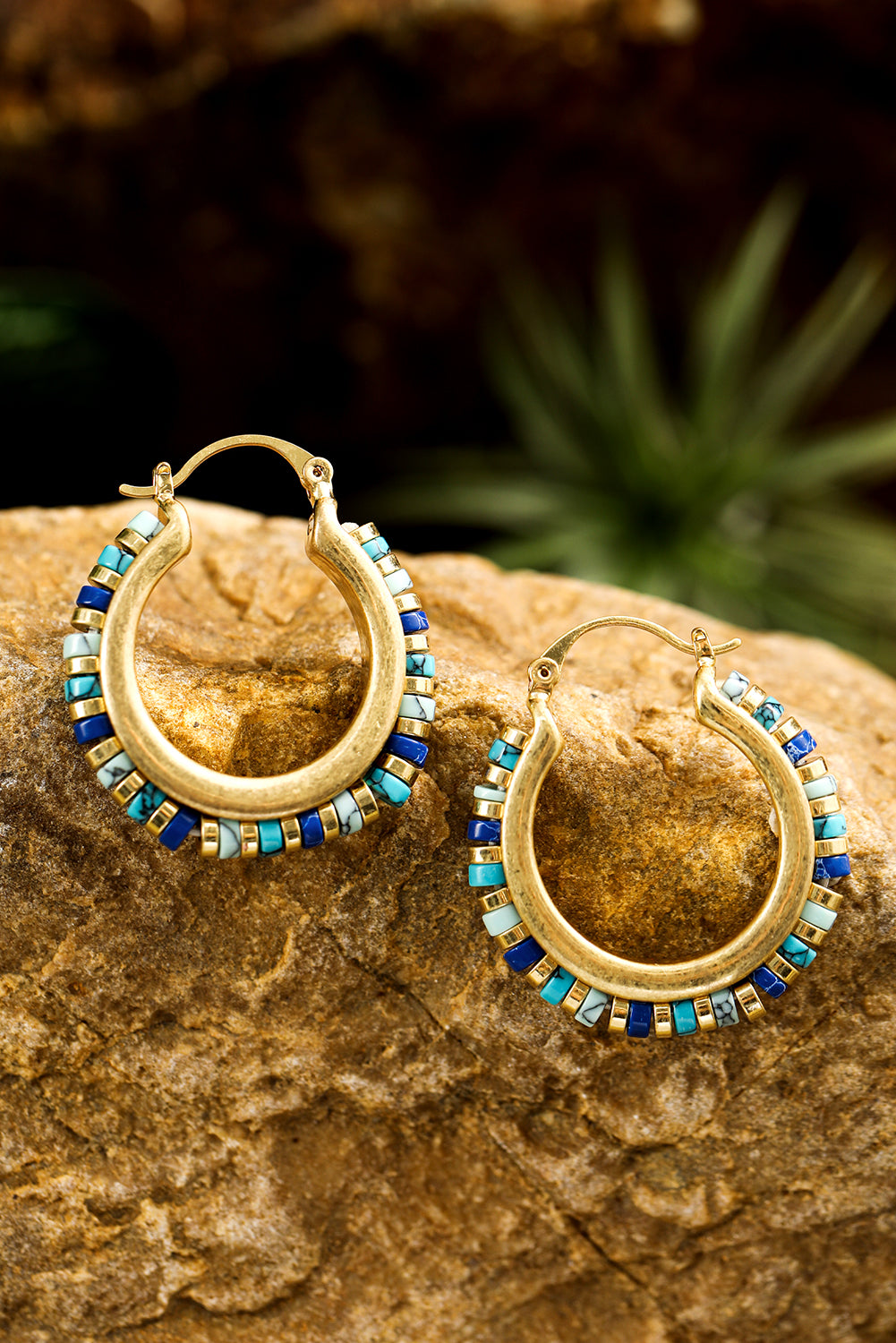 Gold Boho Beaded Turquoise Hoop Earrings