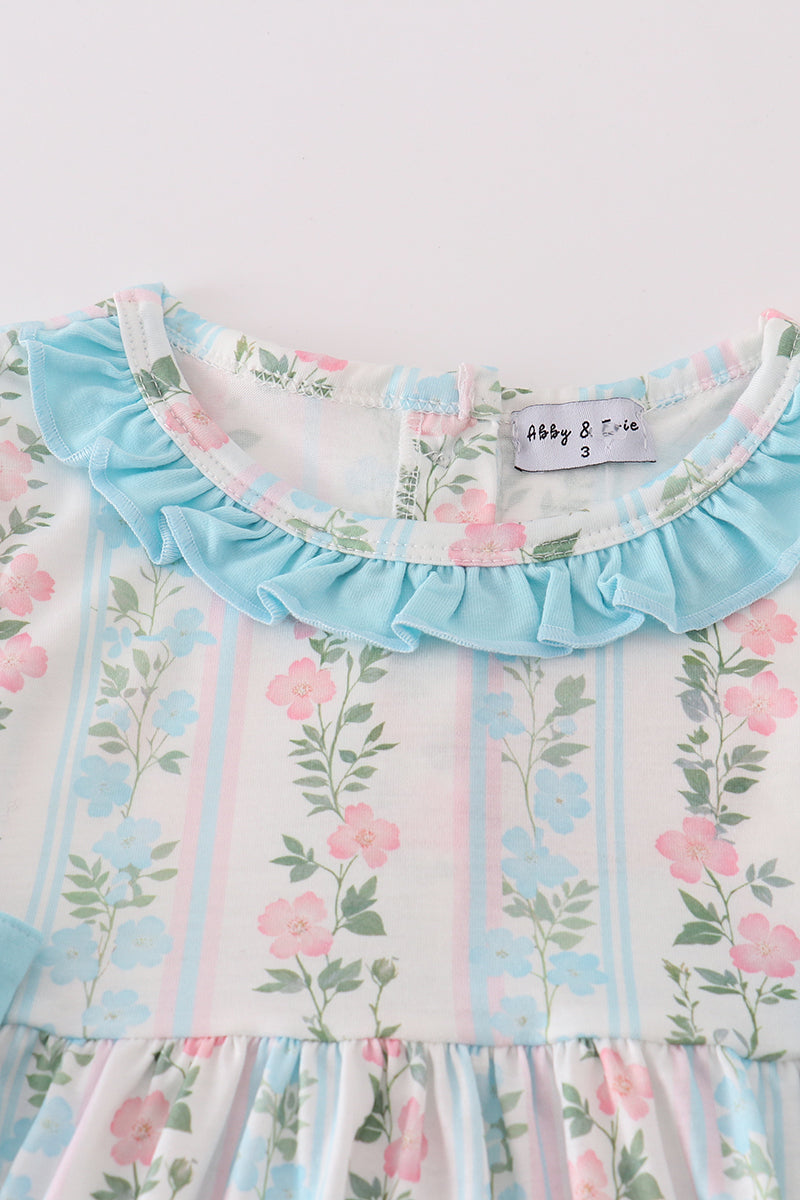 Blue Floral Print Ruffle Girl Dress