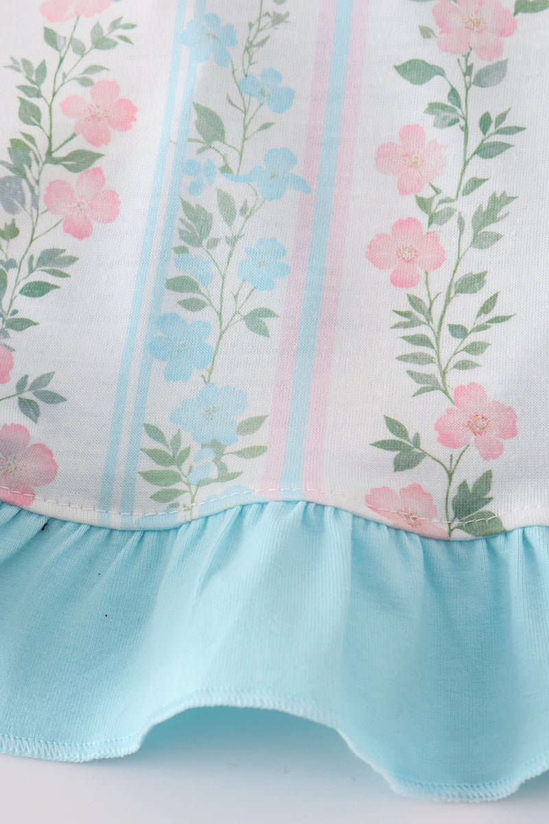 Blue Foral Print Ruffle Girl Bloomer Set