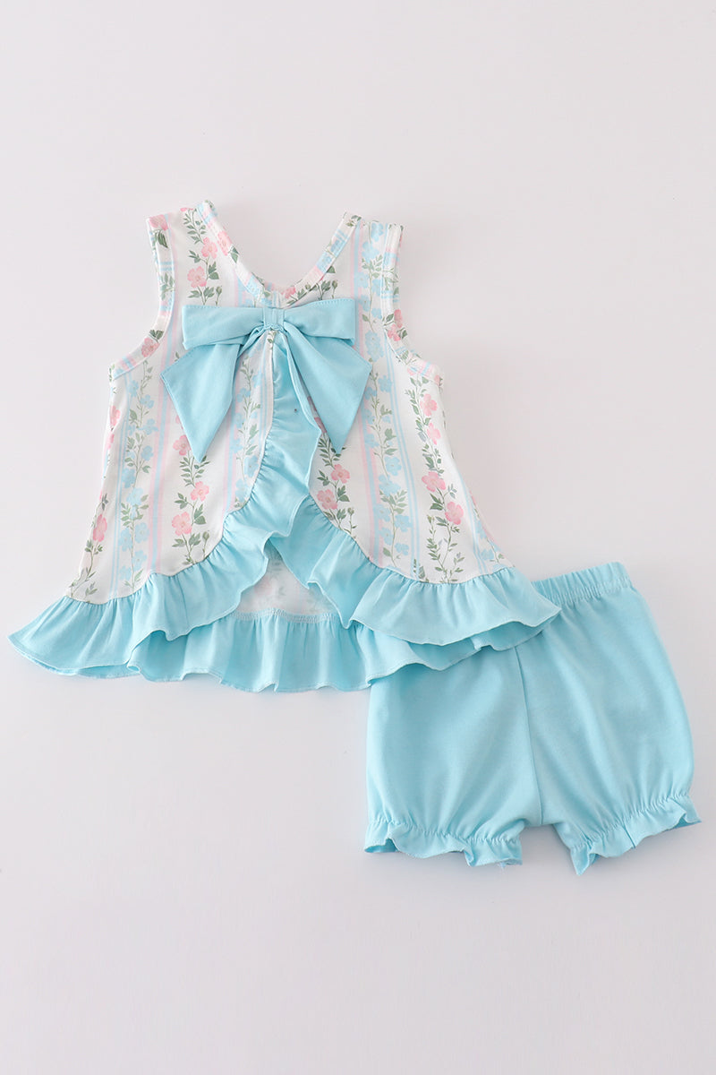 Blue Foral Print Ruffle Girl Bloomer Set