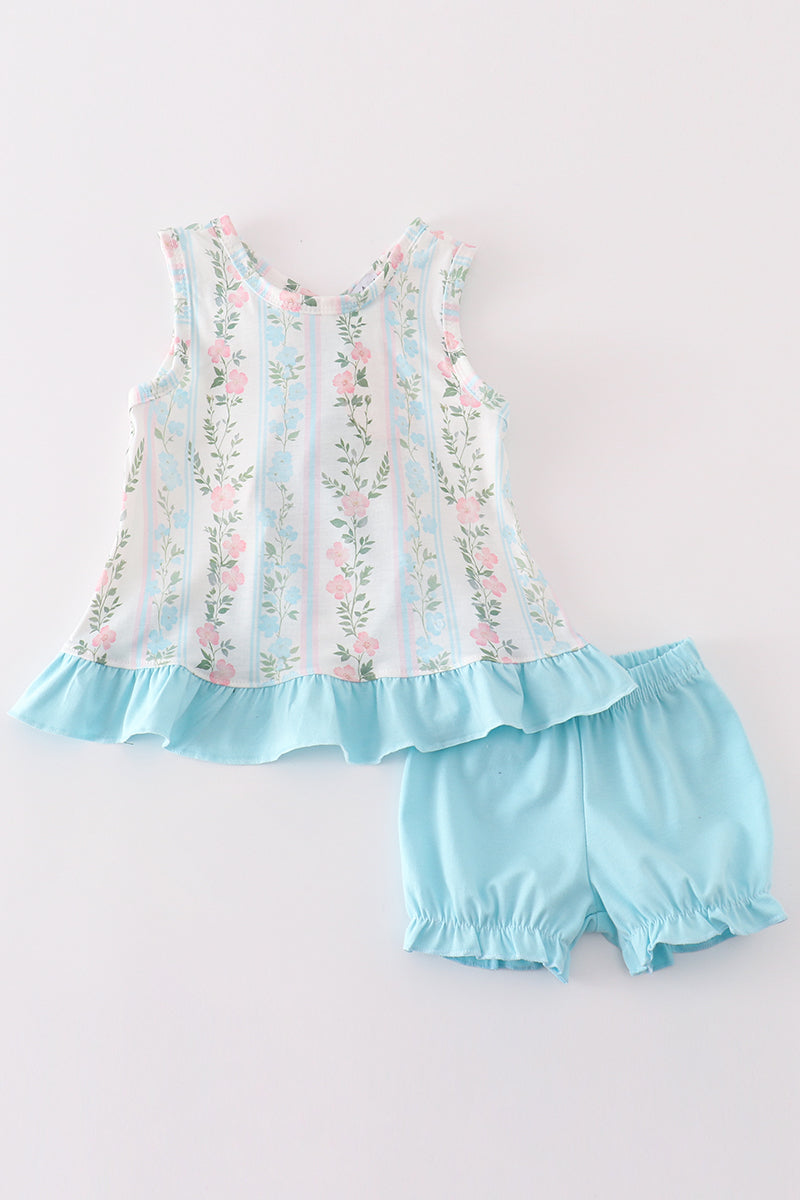 Blue Foral Print Ruffle Girl Bloomer Set