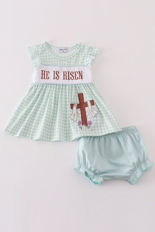 Easter He Is Risen Embroidery Girl Bloomer Set