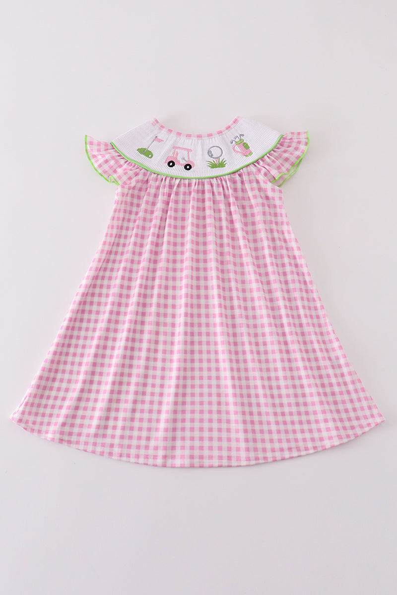 Pink Golf Embroidery Gingham Girl Dress