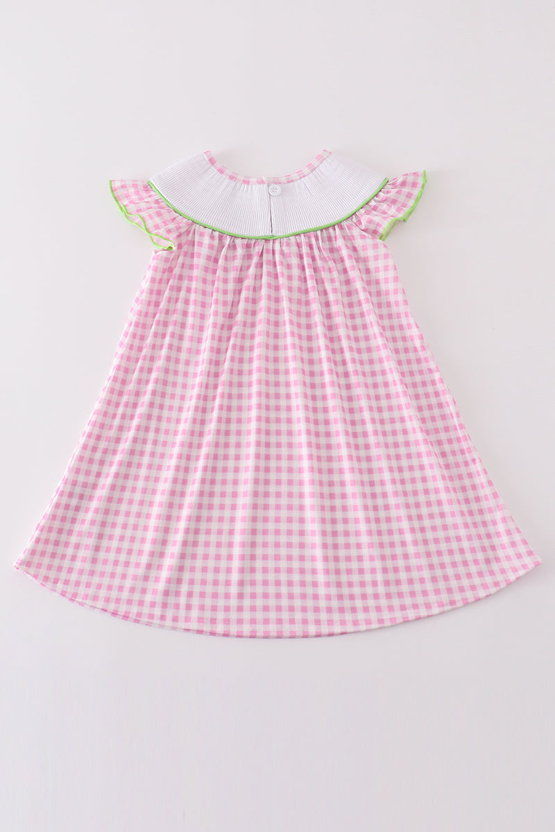 Pink Golf Embroidery Gingham Girl Dress