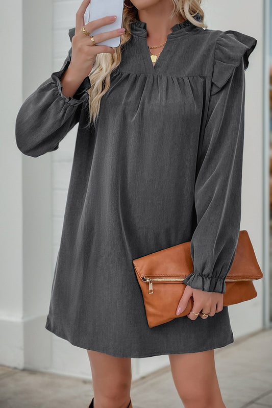 Dark Grey Solid Color Ruffle Trim Long Sleeve V Neck Mini Dress