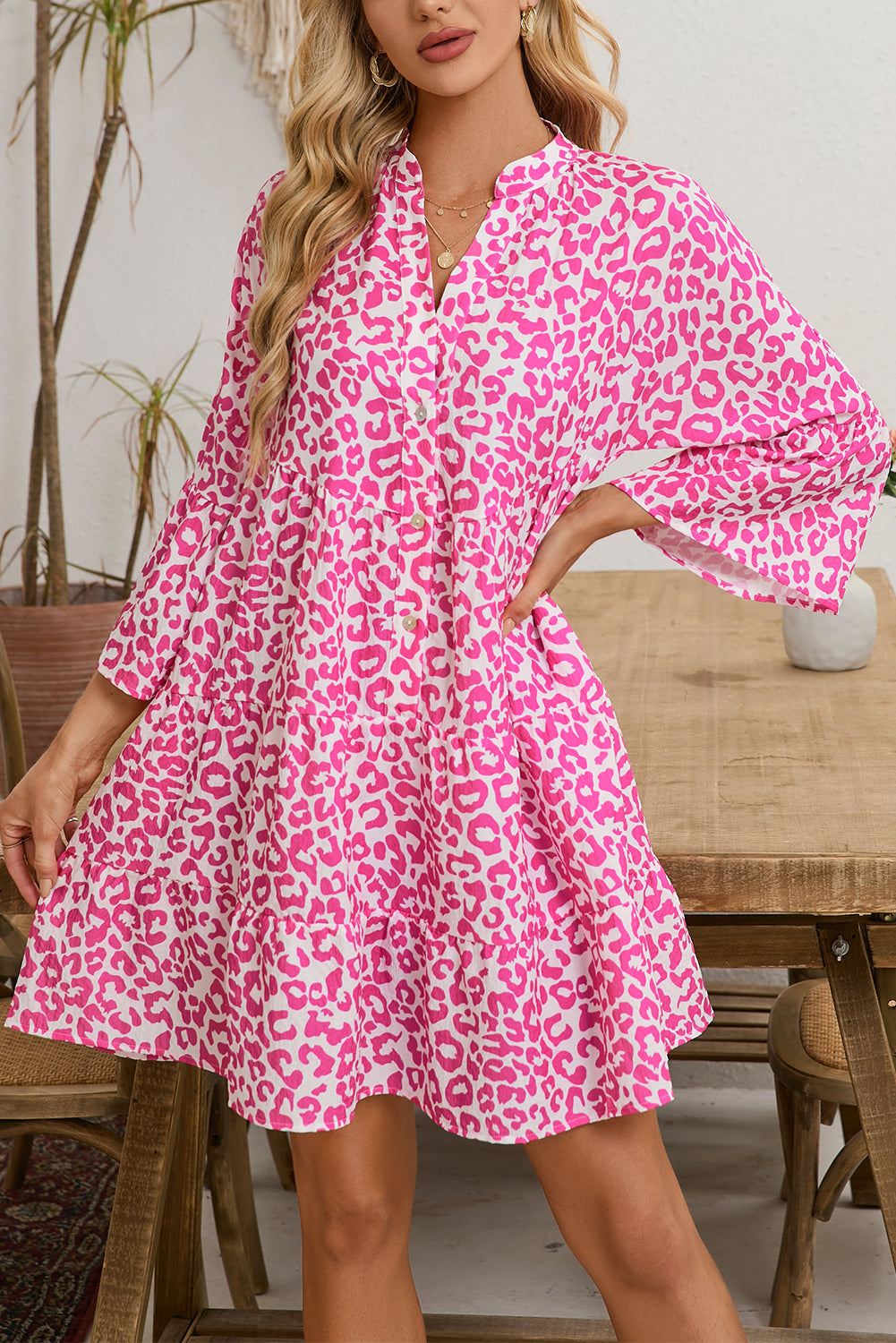 Bright Pink Leopard Print Flounce Sleeve Mini Dress