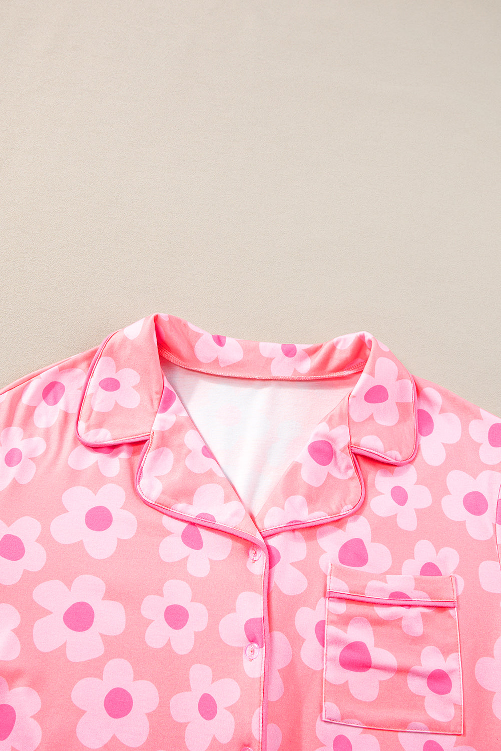 Pink Flower Print Buttoned Shirt And Drawstring Waist Pajama Set