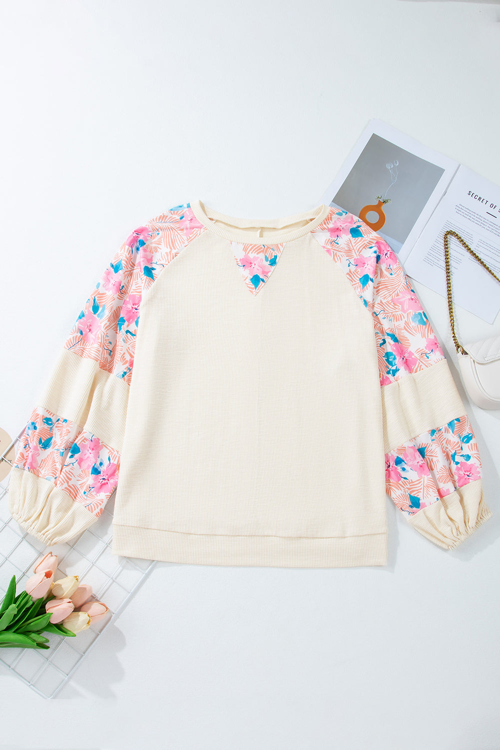 Apricot Floral Patchwork Puff Sleeve Plus Size Ribbed Top