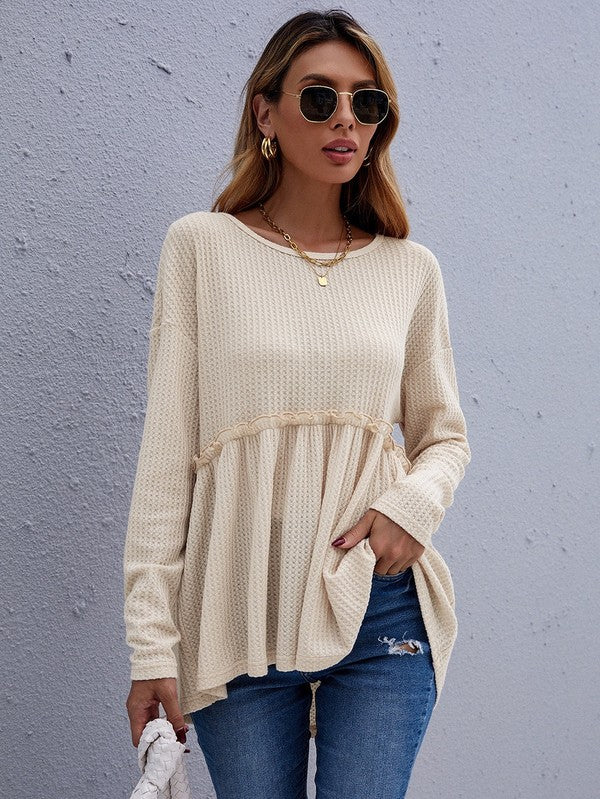 Waffle knit long sleeve top