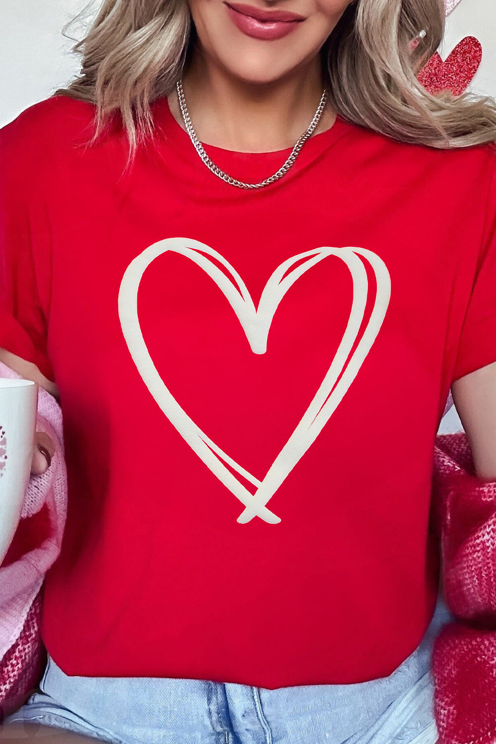 Red Double Heart Pattern Valentines Crewneck Tee