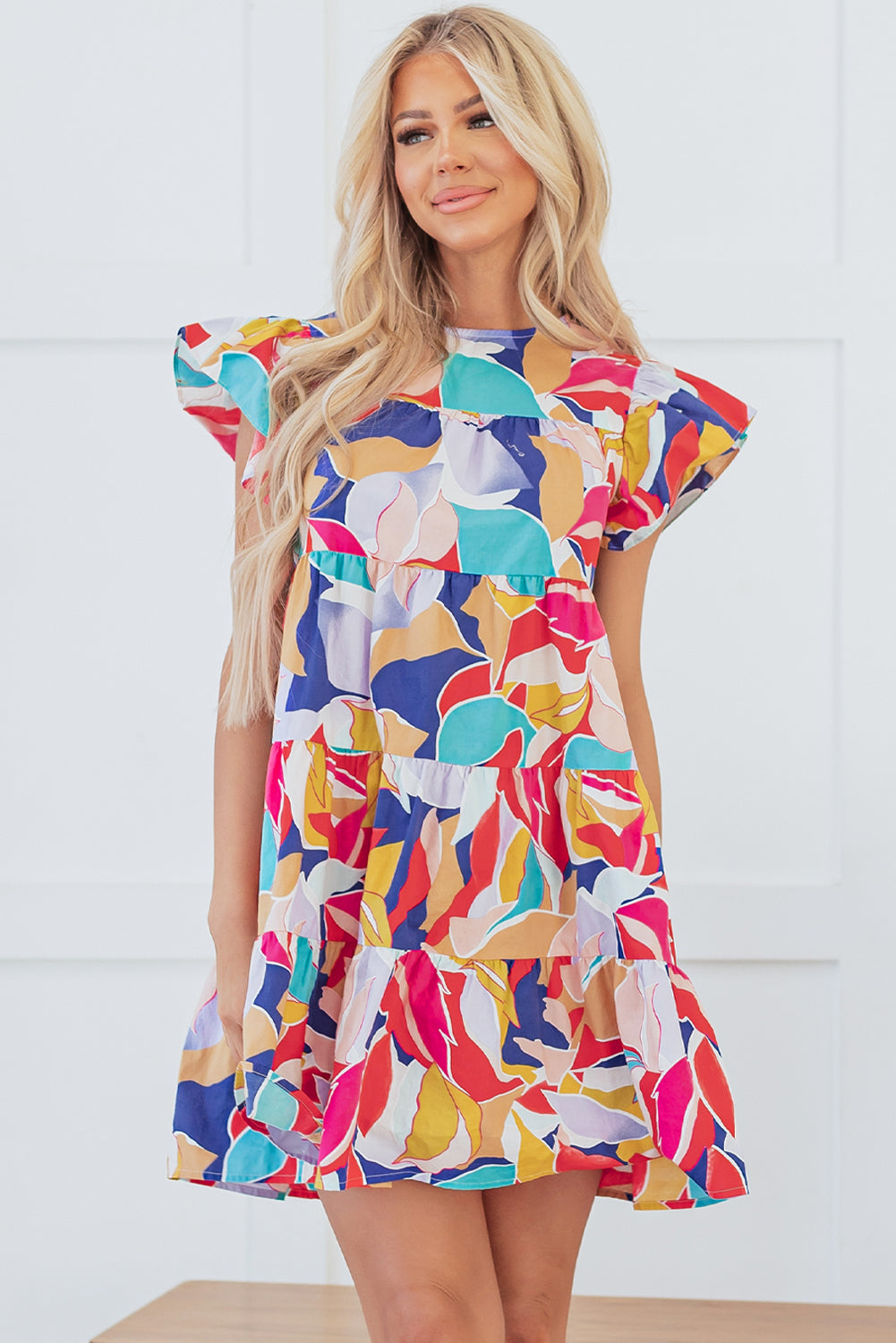 Pink Abstract Printed Flutter Sleeve Tiered Mini Dress