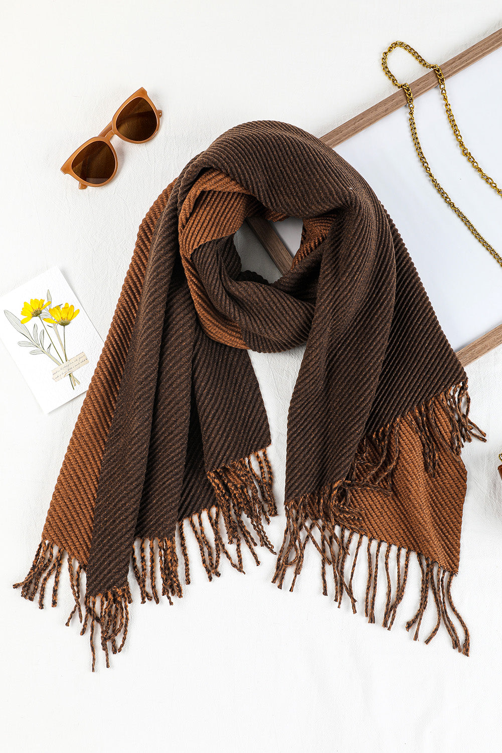 Chestnut Bohemian Fringe Trim Textured Scarf