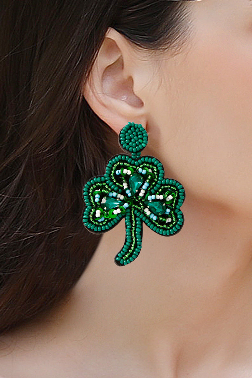 Blackish Green St Patrick Clover Beaded Dropping Earrings