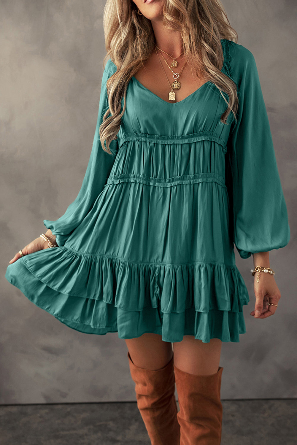 Mist Green Puff Sleeve Loose Fit Tiered Ruffle Mini Dress