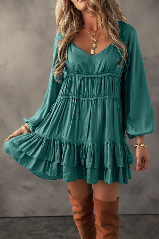 Mist Green Puff Sleeve Loose Fit Tiered Ruffle Mini Dress