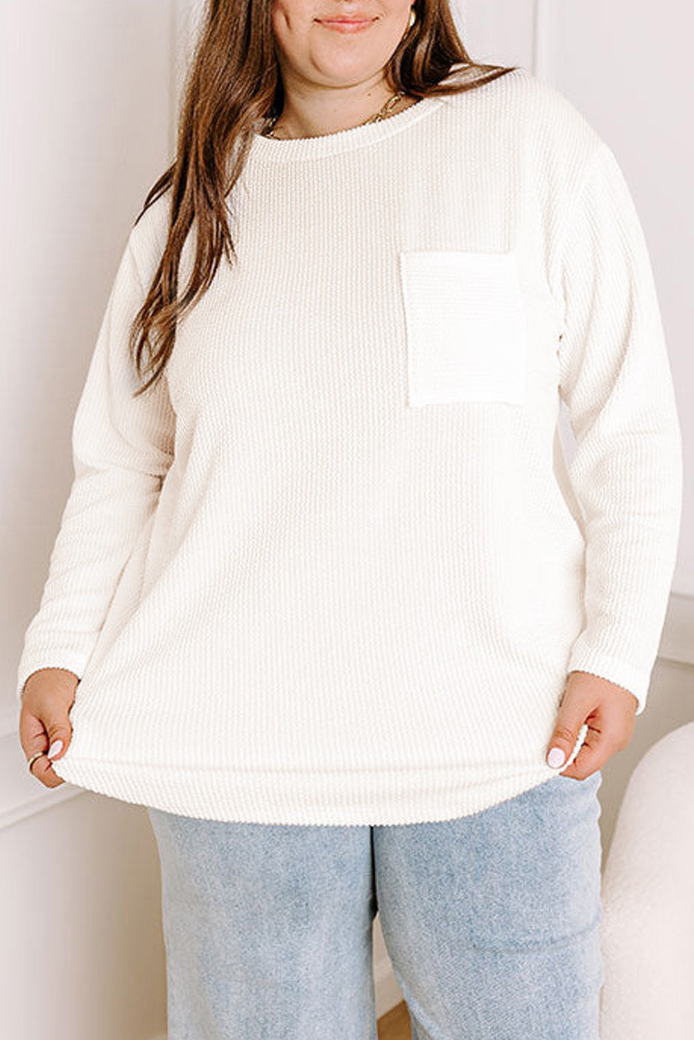 Peach Blossom Plus Size Ribbed Textured Pocketed Long Sleeve Top