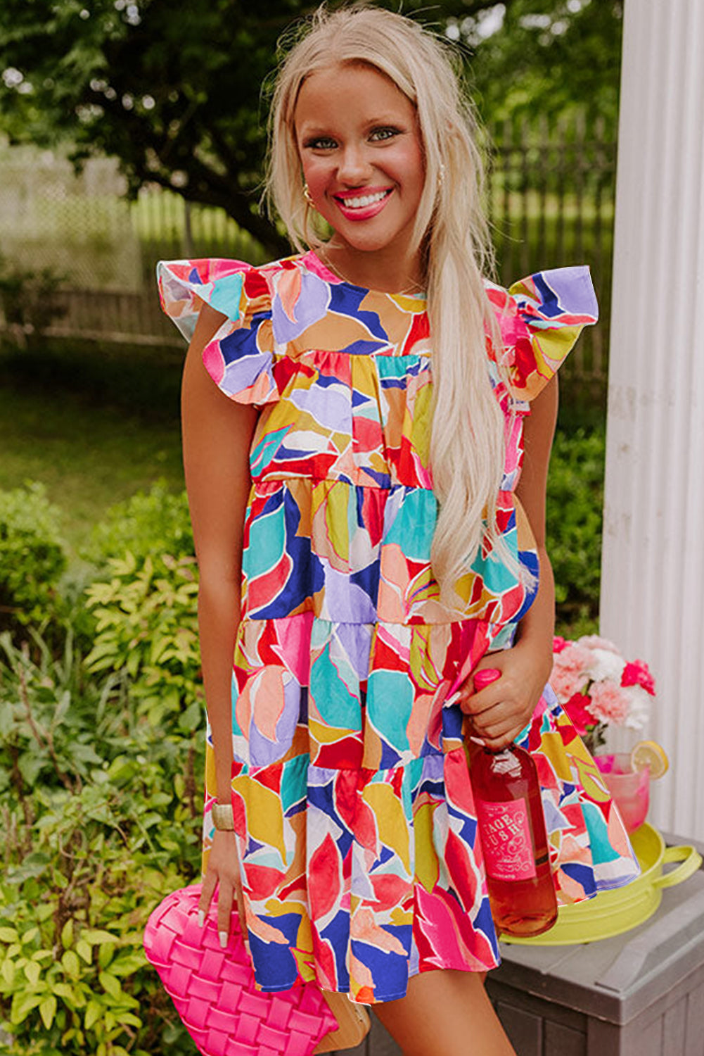 Pink Abstract Printed Flutter Sleeve Tiered Mini Dress