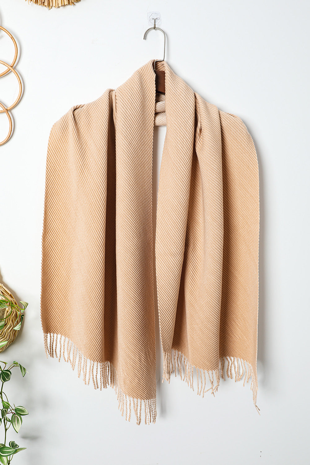 Chestnut Bohemian Fringe Trim Textured Scarf