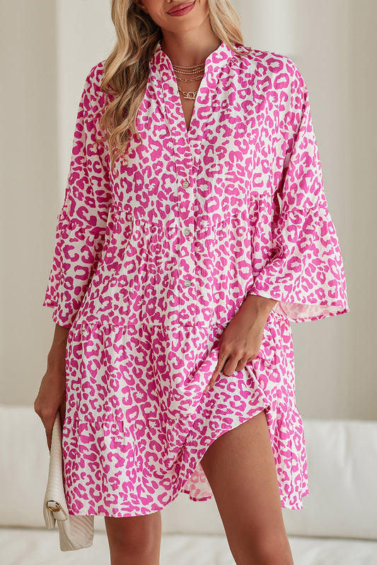 Bright Pink Leopard Print Flounce Sleeve Mini Dress