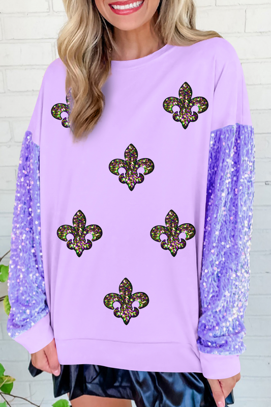 Orchid Petal Mardi Gras Pattern Sequin Sleeve Patchwork Top