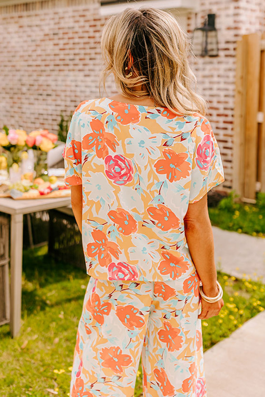 Orange Vibrant Floral Print Blouse and Wide Leg Pants Set