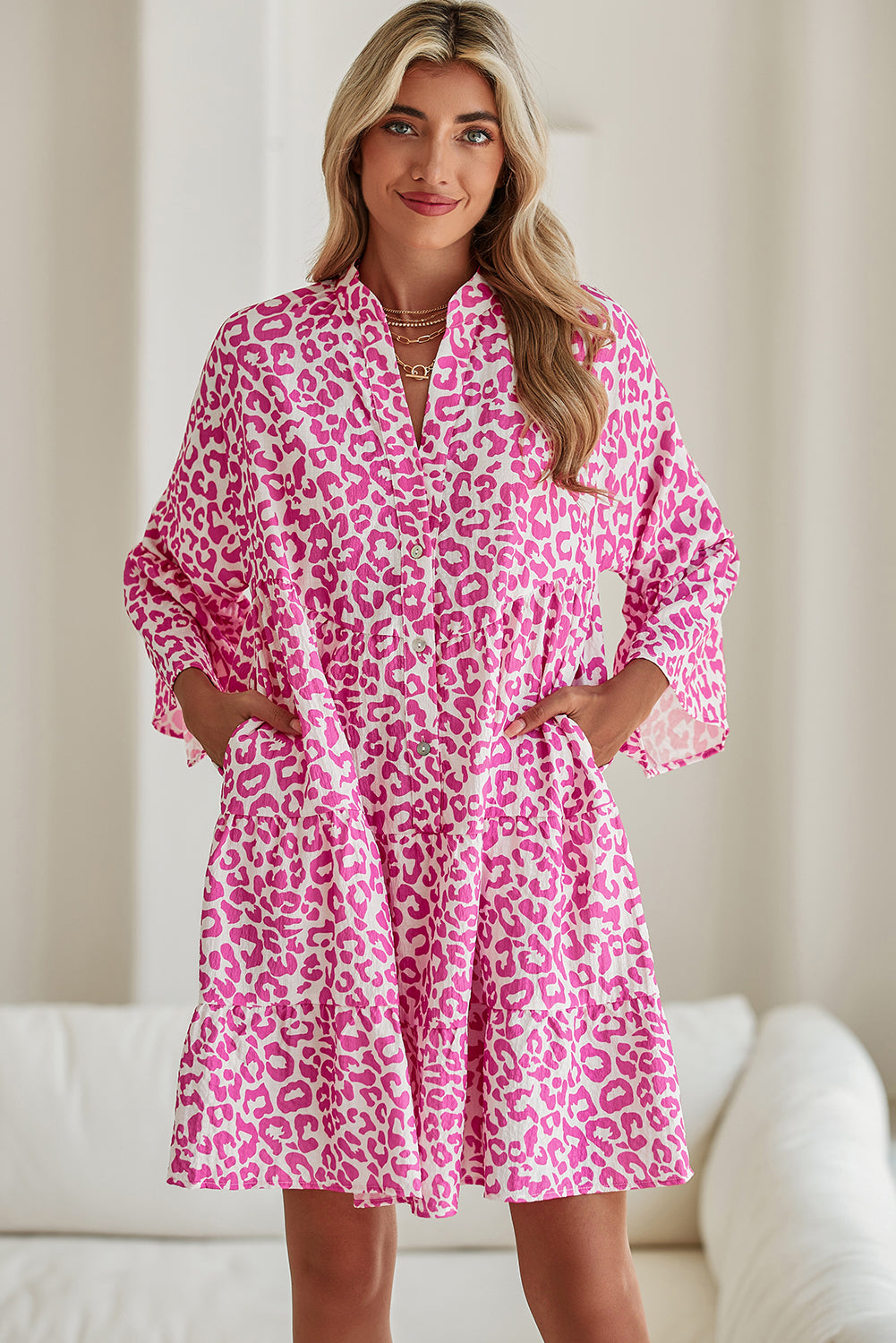 Bright Pink Leopard Print Flounce Sleeve Mini Dress