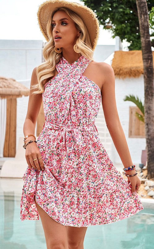 Floral print criss cross front dress