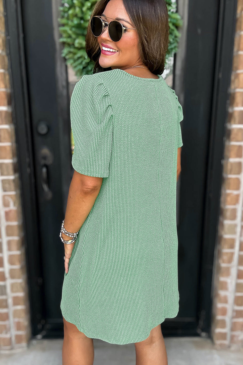 Mint Green Corded Crew Neck Puff Sleeve Mini Dress