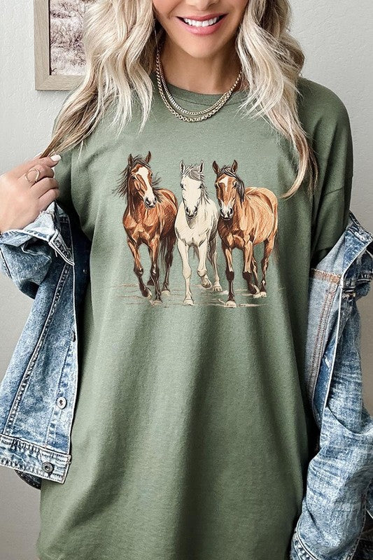 Three Horses Western Graphic Plus Heavy Cotton Tee