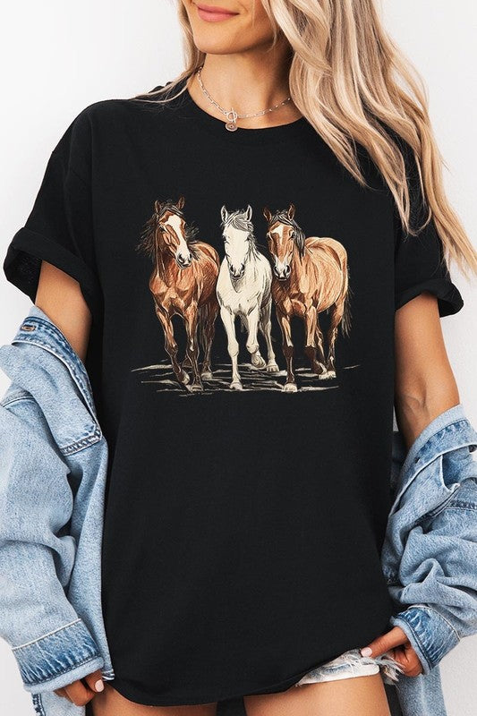 Three Horses Western Graphic Plus Heavy Cotton Tee