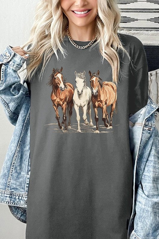 Three Horses Western Graphic Plus Heavy Cotton Tee