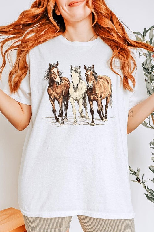 Three Horses Western Graphic Plus Heavy Cotton Tee