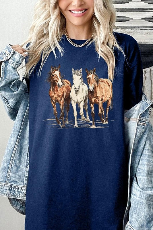 Three Horses Western Graphic Plus Heavy Cotton Tee