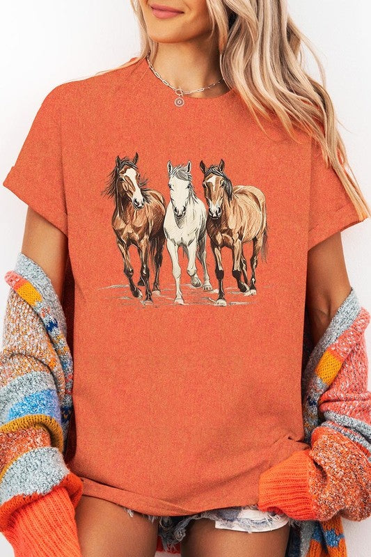 Three Horses Western Graphic Plus Heavy Cotton Tee