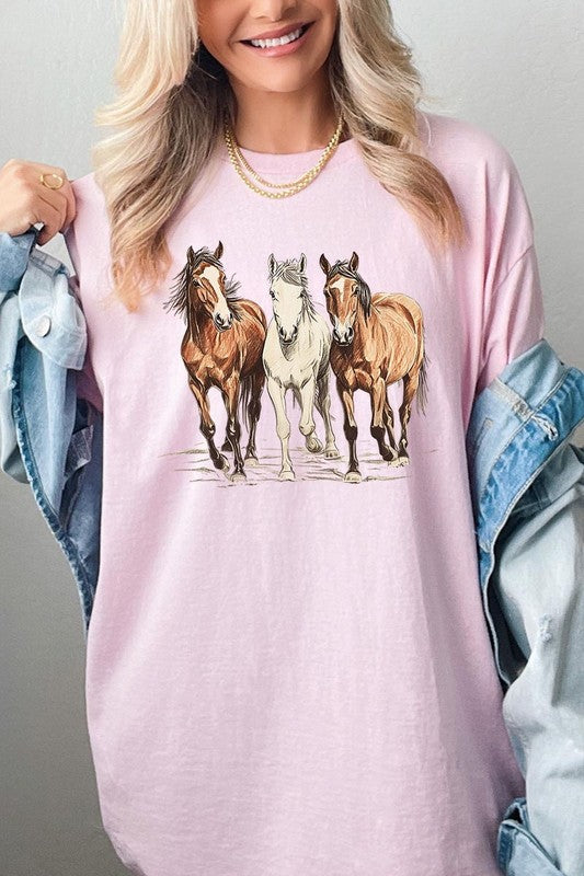 Three Horses Western Graphic Plus Heavy Cotton Tee