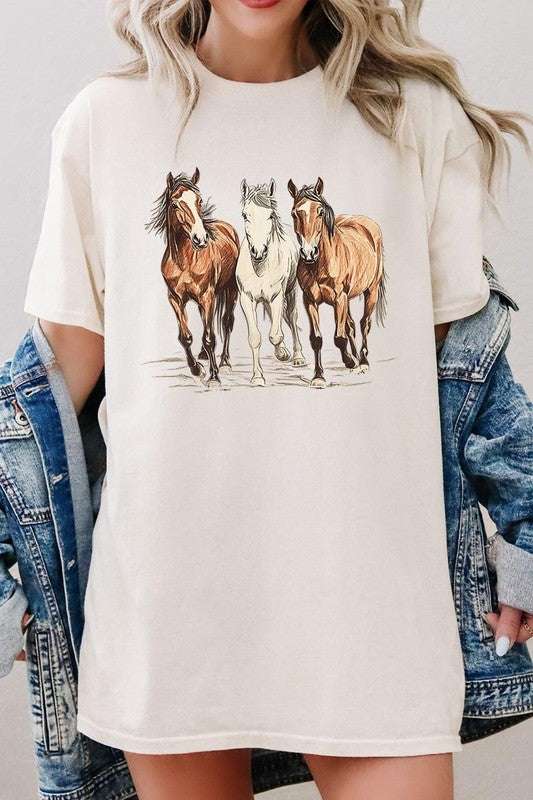 Three Horses Western Graphic Plus Heavy Cotton Tee