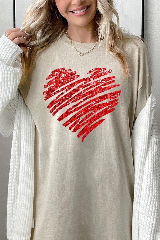 Faux Sequins Heart Graphic Plus Heavy Cotton Tee