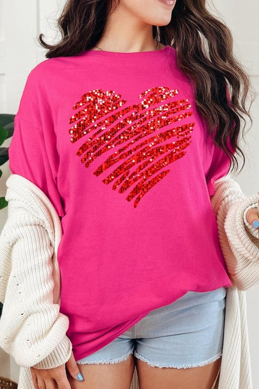 Faux Sequins Heart Graphic Plus Heavy Cotton Tee