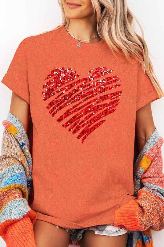 Faux Sequins Heart Graphic Plus Heavy Cotton Tee