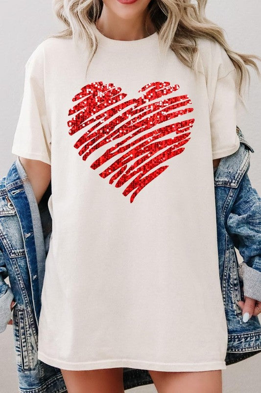 Faux Sequins Heart Graphic Plus Heavy Cotton Tee